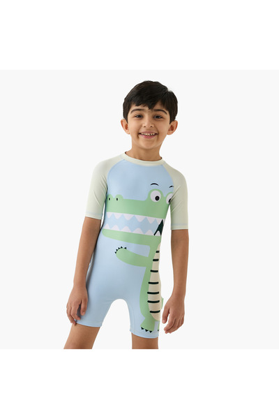 Juniors ملابس سباحة بنقشة جلد التمساح بأكمام قصيرة