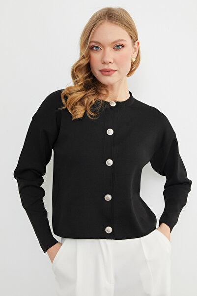 Fulla Moda Basic Buttoned Crew Neck Knit Cardigan