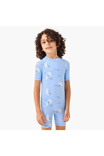 Juniors بدلة سباحة مطبوعة بالكامل بنقشة طيور النورس، بأكمام راجلان وسحاب للإغ...