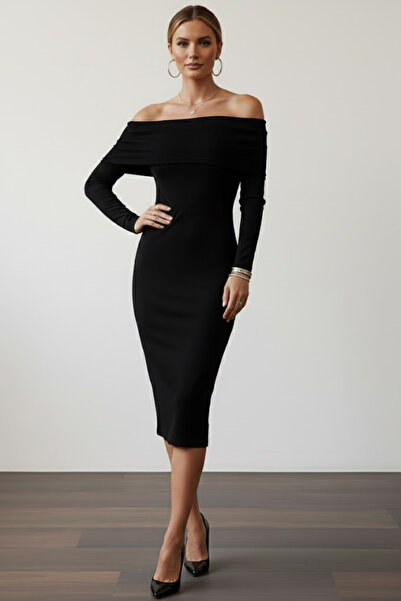 buğrahayalin Women's Black Madonna Collar Sandy Fabric Stretchy Midi Length L...