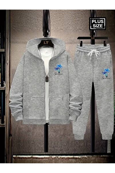 CLASSY.MODA Men's Hooded Zippered Patterned Casual Tracksuit Set