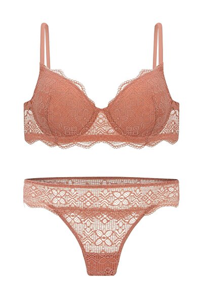 Wonna Anna 2736 Lace Low-Cut Bra and Panty Set - Unpadded Dusty Rose