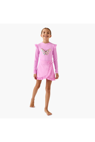 Juniors Butterfly Embellished Swimsuit with Skirt