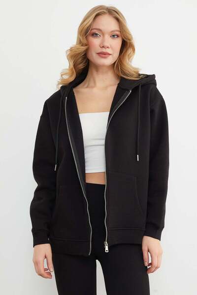 Fulla Moda Basic Zippered Hooded Oversize Sweatshirt
