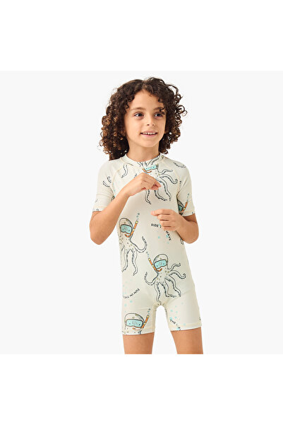 Juniors Octopus Print Swimsuit with Raglan Sleeves and Zip Closure