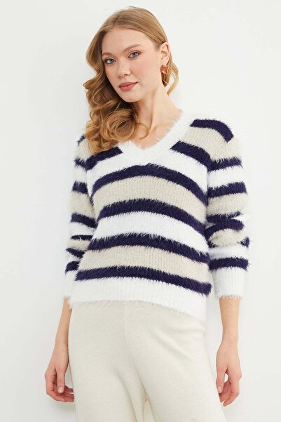Fulla Moda Bearded Striped V-Neck Knitwear Sweater