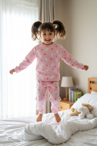 Fulla Moda Rabbit Patterned Crew Neck Fleece Girls' Pajama Set