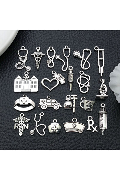 Choice مجموعة من 21 قطعة من تعليقات طبية فضية عتيقة - قبعة ممرضة، سماعة طبية،...