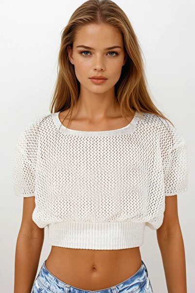 Trend Alaçatı Stili Women's Ecru Waist Gipeli Openwork Ceop Blouse Vs00261