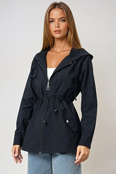 Trend Alaçatı Stili Women's Black Hooded Double Side Pocket Zippered Raincoat Jacket Vs00852
