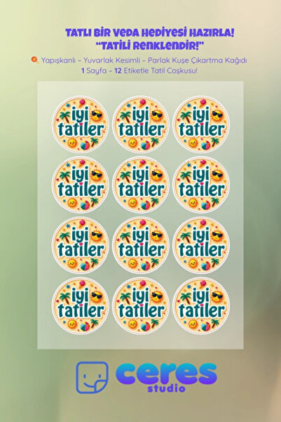 Ceres Studio İyi Tatiller Sticker Seti K7- 12 Adet Yuvarlak Etiket | Yapışkan...