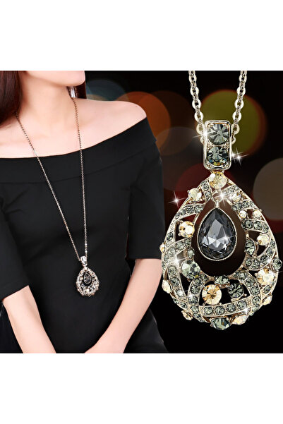 Choice قلادة طويلة بتصميم قطرة ماء مرصعة بالكريستال بلون ذهبي قهوة عتيق للنسا...