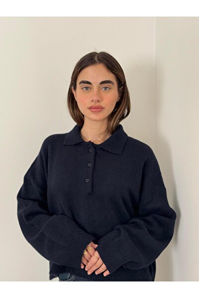 Retrobird Polo Neck Basic Sweater Women Navy Blue