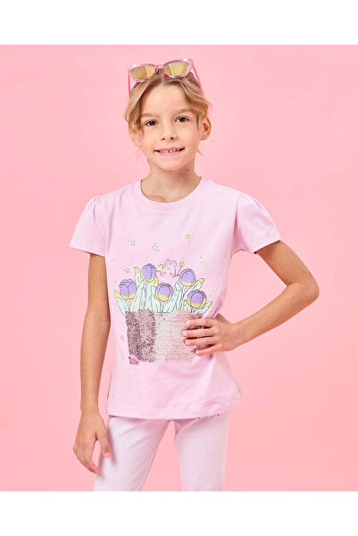 REDTAG Girls Pink Flower Sequins T-Shirt