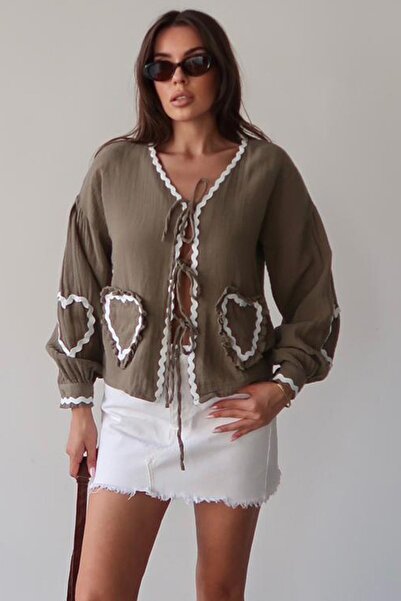 Trend Alaçatı Stili Women's Khaki Heart Embroidered Tie-Up Transitional Jacke...