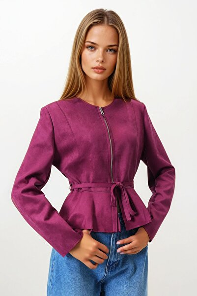 Trend Alaçatı Stili Women's Burgundy Zippered Crew Neck Suede Look Belted Sho...