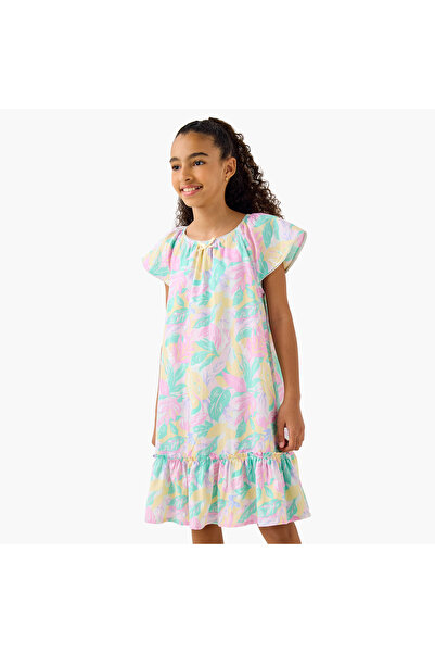 Juniors Floral Print Night Dress with Round Neck and Bow Detail