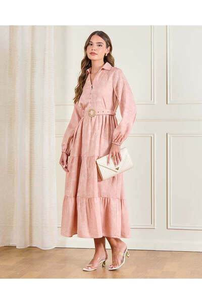 REDTAG Women Pink Jacquard Tiered Belted Dress
