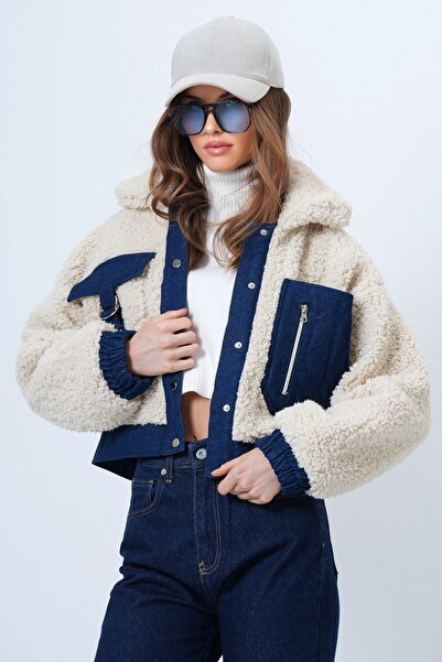 VAGGON Jachetă bomber scurtă pentru femei, din denim ecru, cu buzunare, cu na...