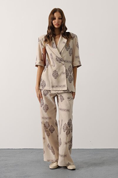 Trend Alaçatı Stili Γυναικείο Σετ oversized τεμαχίων με έθνικ σχέδιο εκρού Vs...