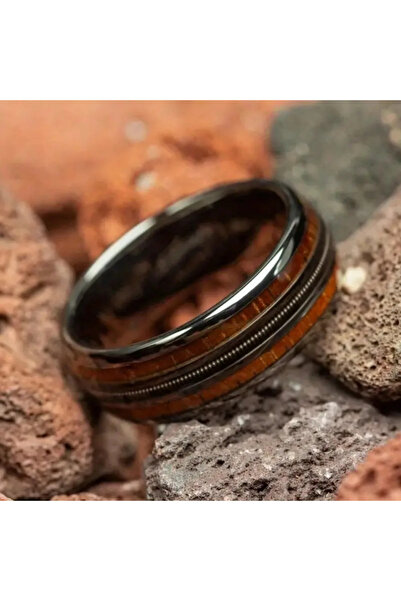 Choice خاتم أسود ذهبي وردي مرصع بوتر جيتار خشبي بنمط برميل ويسكي، خاتم رجالي ...