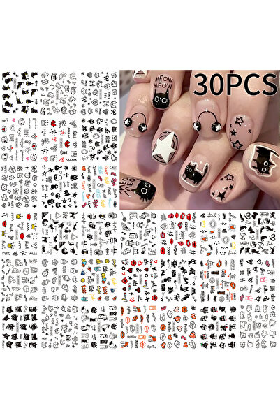 Choice NLS378-S1 30pcs/set 3D Cartoon Cat Letter Lips Nail Stickers Lovely Graffiti Animals Love Bow Nail D