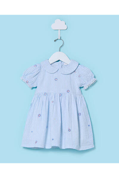 REDTAG فستان أزرق من قماش السيرسيكر مطرز للفتيات الصغيرات