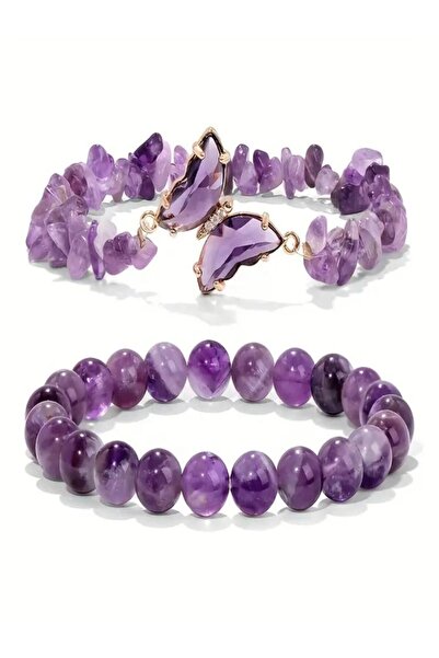 Choice طقم سوار فراشة رومانسي من قطعتين باللون البنفسجي، مرصع بخرز من الجمشت ...