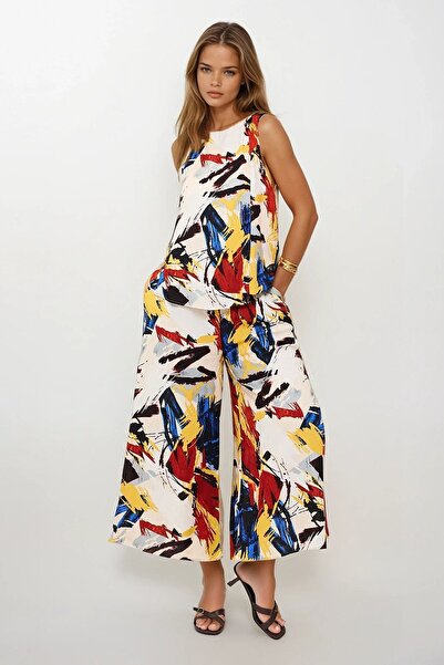 Trend Alaçatı Stili Women's Ecru Red Tie-Waist Double Pocket Pants and Blouse...