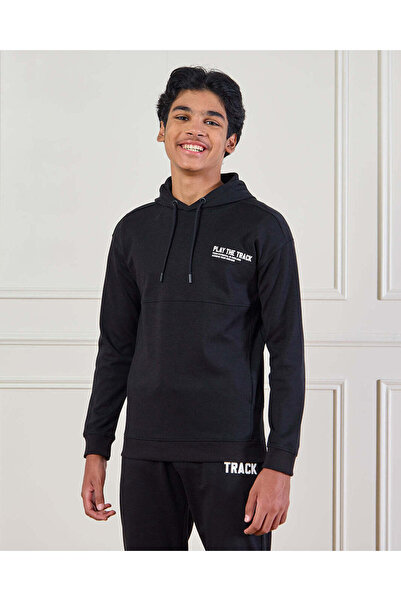 REDTAG Senior Boys Black Plain Cut & Sew Hooded Sweatshirt