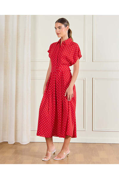 REDTAG Women Red Polka Dots Button Down Shirt Dress