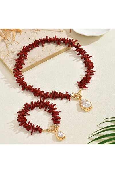 Choice XL5875 Red Coral & Imitation Baroque Pearl Pendant Choker /Bracelet Set Women's Bohemian Bold Tropic