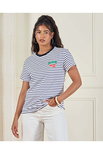 REDTAG Women Black And White Striped T-Shirt