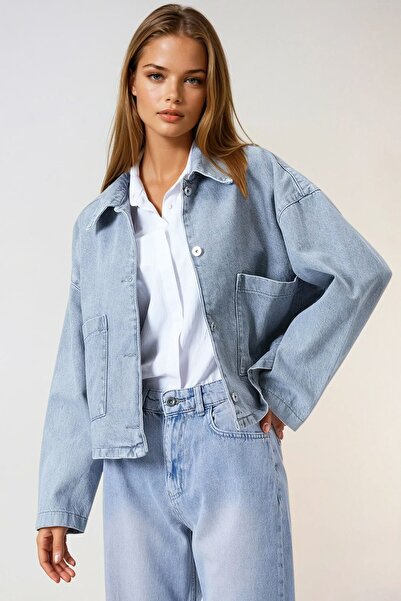 Trend Alaçatı Stili Women's Light Blue Double Pocket Button Closure Denim Jac...