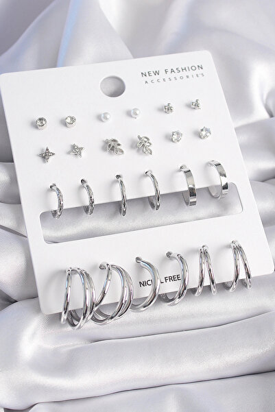 shopwave طقم أقراط نسائي من النحاس الفضي اللون مرصع بحجر الزركون مكون من 12 ز...