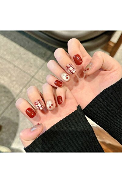 Choice أظافر صناعية قصيرة مستديرة/بيضاوية الشكل بتصميم الكرز الأحمر اللطيف، م...