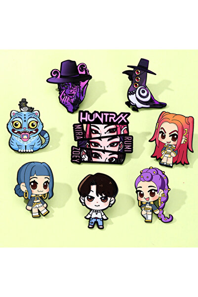 Miniso مجموعة دبابيس مينا مكونة من 8 قطع، مستوحاة من شخصيات مسلسل "صائدو الشياطين" الكوري، و8 قطع من دبابيس بروش كرتونية لشخصيات رومي وميرا وزوي وجينو.