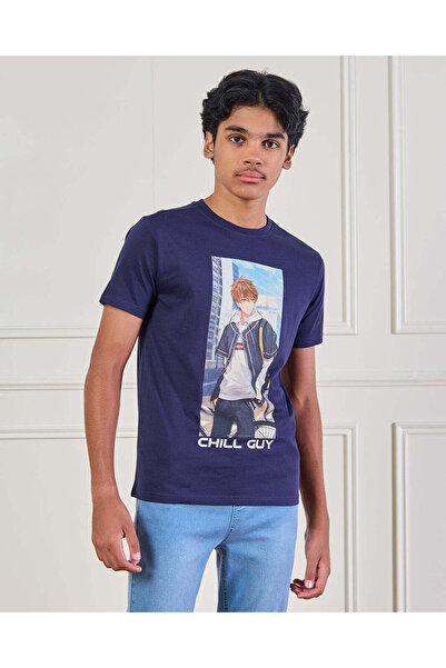 REDTAG Senior Boys Navy Chill Guy Print T-Shirt