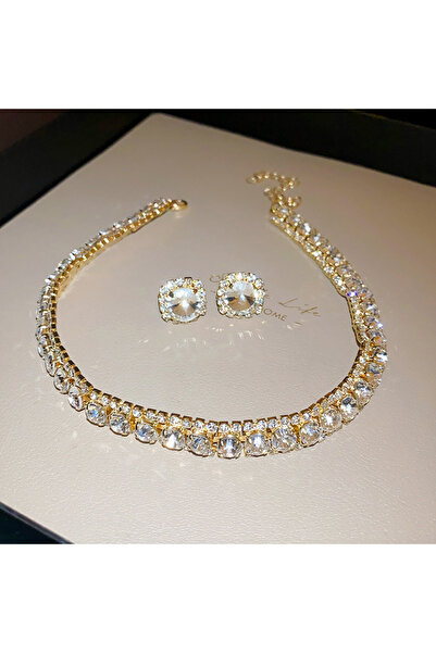 Choice قلادة ذهبية اللون فاخرة مرصعة بأحجار الراين الخضراء وأقراط للنساء قلاد...