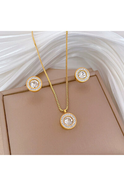 Choice Gold Color Set ZAKOL Shiny Crystal Zircon Round Pendant Necklace Earri...