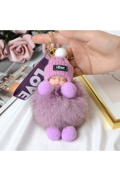 Choice purple Pompom Sleeping Baby Keychain Cute Fluffy Plush Doll Keyholder ...