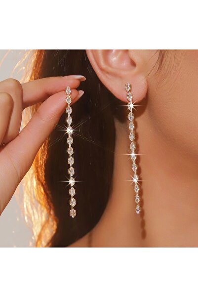 RINHOO FRIENDSHIP Gold Color Sparkling Zircon Geometric Dangle Earrings for Women Luxury Teardrop Shaped Long Tassel E