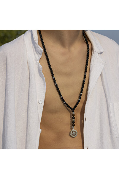 Choice قلادة طويلة بتصميم عتيق من الخرز الأسود على شكل بوصلة، للرجال، مزينة ب...