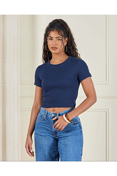REDTAG Women Navy Plain Rib T Shirt