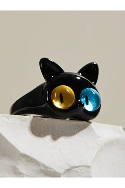 Choice خاتم أسود بتصميم قطة كرتونية لطيفة من الأكريليك، بعيون كبيرة، قابل للت...