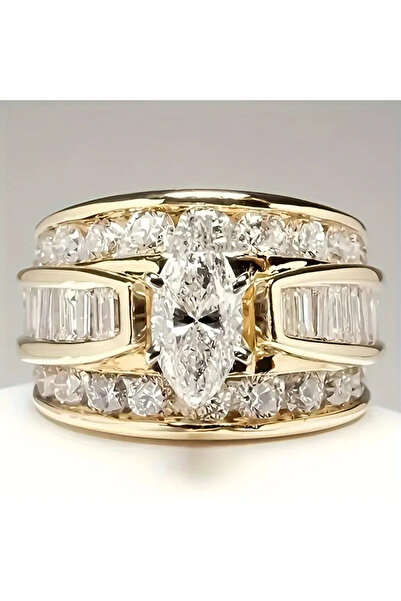 Choice 5 خواتم خطوبة ذهبية اللون رائعة بثلاثة صفوف من الزركون الأبيض، لون ذهبي أنيق، مناسبة للحفلات والمناسبات الخاصة.