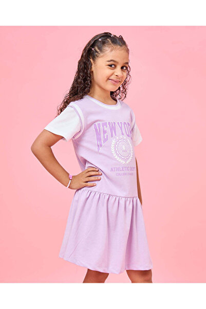 REDTAG Girls Lilac Placement Print Varsity Dress