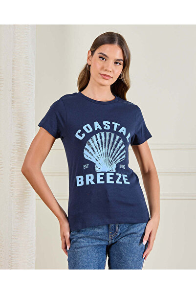 REDTAG تي شيرت نسائي مطبوع باللون الأزرق البحري