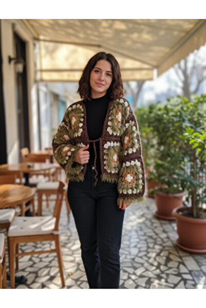 Artepieza co. Tüylü İp Koton Hırka-Tasarım Renkli Örgü Ceket-Kadın Yeşil Kahv...