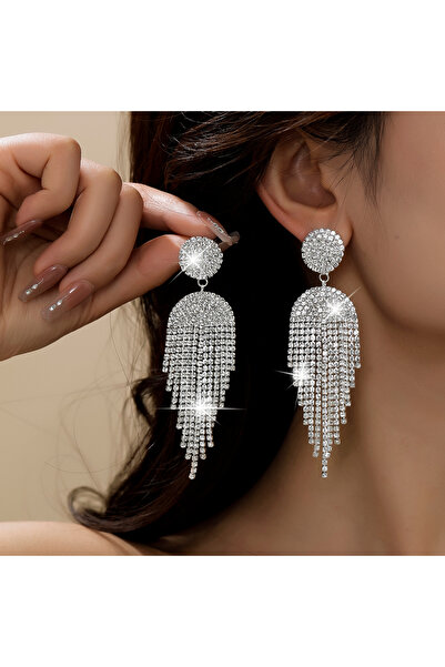 Choice أقراط فضية مزينة بشرابة مرصعة بأحجار الراين، بتصميمات أوروبية وأمريكية أنيقة، للنساء.